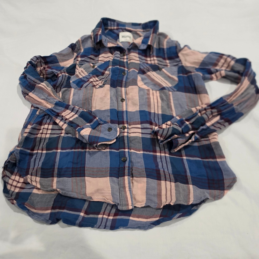 Mudd Plaid Button Up Shirt Womens Large Blue Pink Excellent High Low Hem 1637